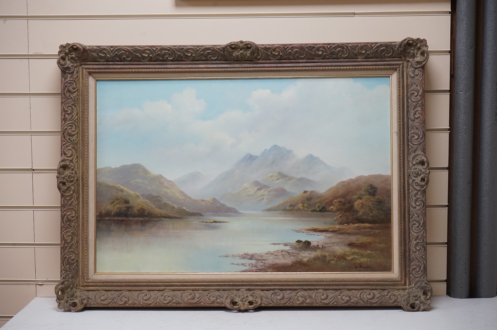 Wendy Reeves (b.1944), oil on canvas, Mountainous riverscape, signed, 49 x 75cm, ornate frame